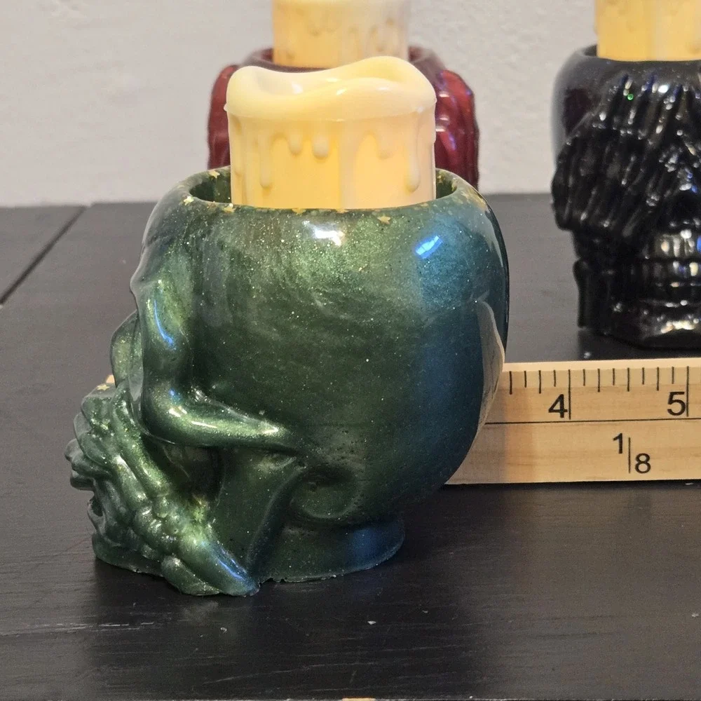 Handmade Resin Skull Candle Holder Vase‎ Set Of 3 Black Green Red Goth Garden